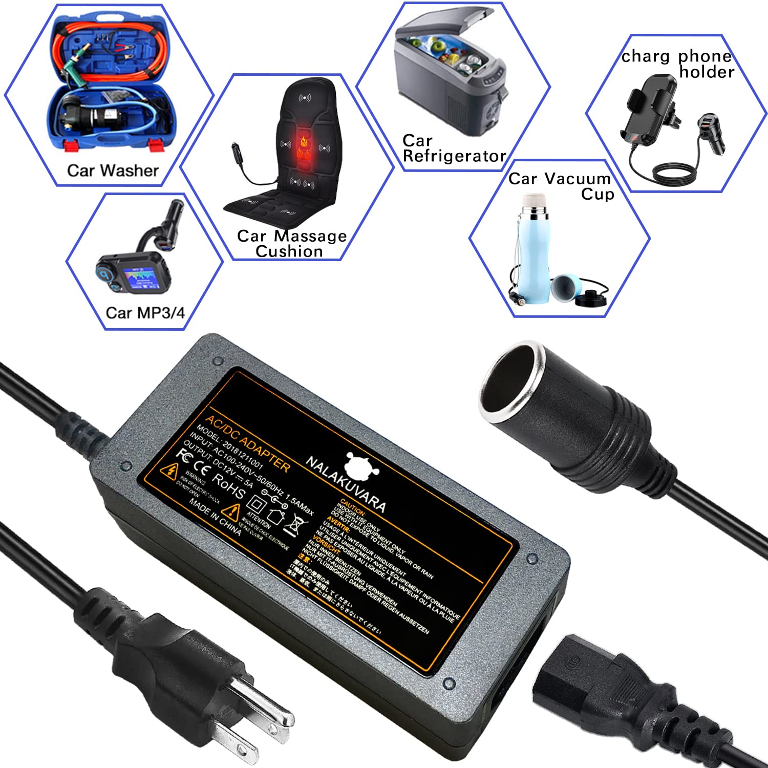 AC to DC Converter 110V to 12V 5A 60W Car Cigarette Lighter Adapter - Wall Plug Outlet Female Socket Converter - 110/120 to 12 Volt AC/DC Adapter Power Supply