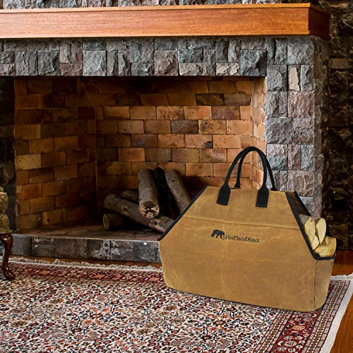 MyFirePlaceDirect Heavy Duty Waxed Canvas Log Carrier Tote Bag with Unique Embroidered Logo, Extra Large Durable Firewood Holder with Strong Comfort Handle, Heavy Duty Wood Carrying Bag Rust