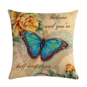 ULOVE LOVE YOURSELF Butterfly Pattern Throw Pillow Covers Vintage Style Home Decorative Cushion Cover Yellow&Pink Flowers Pillowcase 18”×18”,4Pack (Butterfly Pattern)