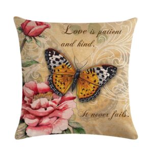 ULOVE LOVE YOURSELF Butterfly Pattern Throw Pillow Covers Vintage Style Home Decorative Cushion Cover Yellow&Pink Flowers Pillowcase 18”×18”,4Pack (Butterfly Pattern)