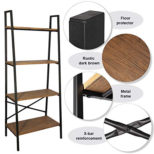 Blissun Ladder Shelf, 4-Tier Bookshelf, Storage Rack Shelf for Office, Bathroom, Living Room, Hazelnut Brown