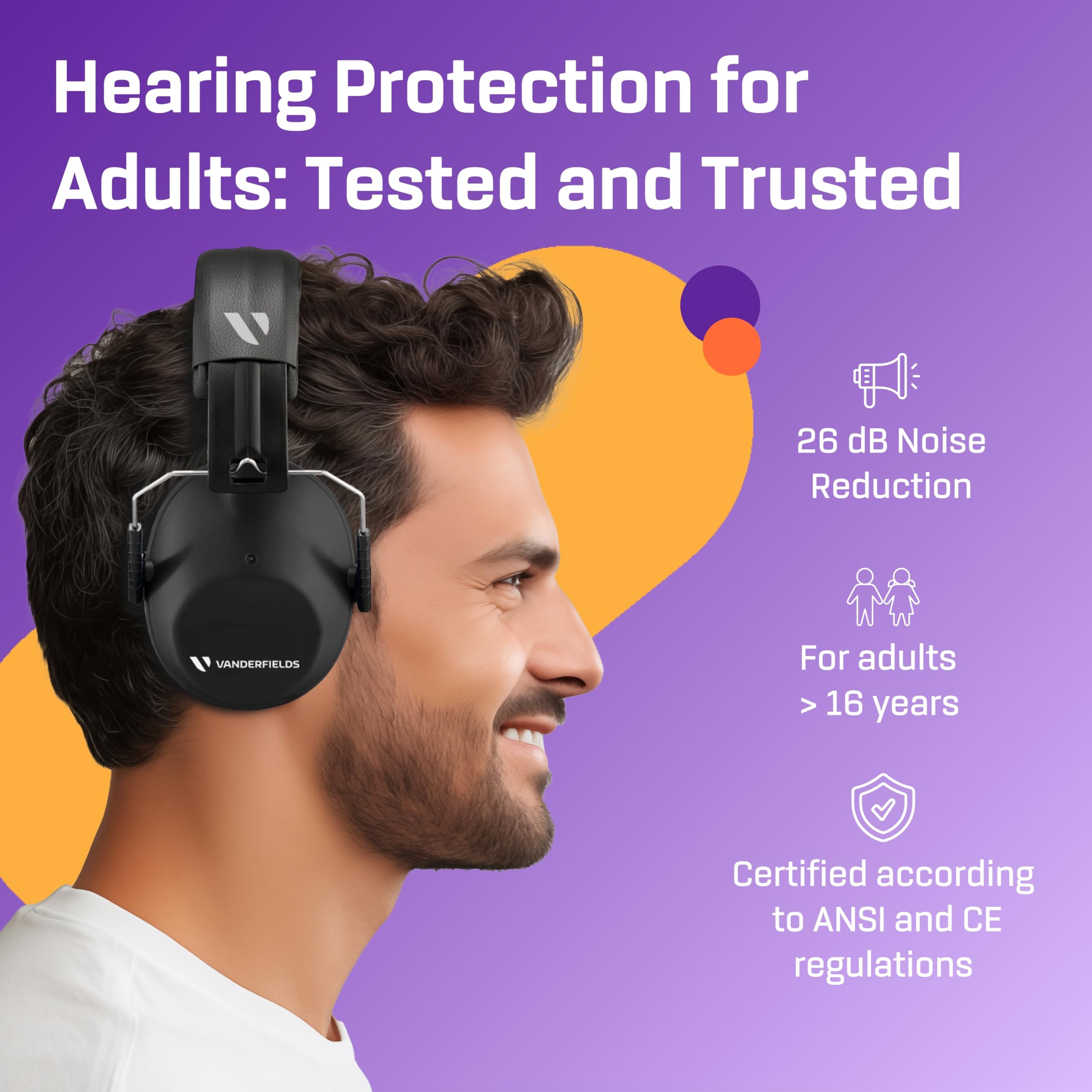 VANDERFIELDS Hearing Protection Ear Muffs for Noise Reduction, 26dB Certified, Noise Cancelling Safety Ear Protection for Shooting, Adult Headphones for Lawn Mowing, DIY, Construction, Woodworking