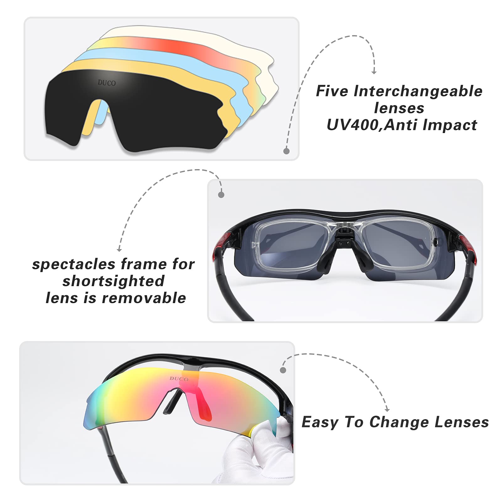 DUCO Polarized Sports Cycling Sunglasses for Men with 5 Interchangeable Lenses for Running Golf Fishing Hiking Baseball