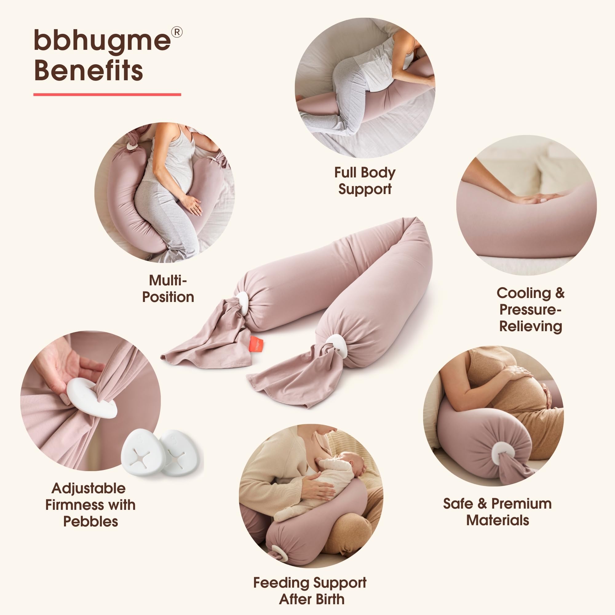 bbhugme Adjustable Pregnancy Pillow – Full Body Support for Side Sleeping - Adjustable Firmness and Shape - Supports Back, Legs, Belly, HIPS for Pregnant Women - Removable Cover - Dusty Pink