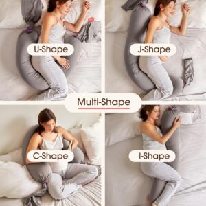 bbhugme Adjustable Pregnancy Pillow – Full Body Support for Side Sleeping - Adjustable Firmness and Shape - Supports Back, Legs, Belly, HIPS for Pregnant Women - Removable Cover - Stone