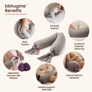 bbhugme Adjustable Pregnancy Pillow – Full Body Support for Side Sleeping - Adjustable Firmness and Shape - Supports Back, Legs, Belly, HIPS for Pregnant Women - Removable Cover - Stone