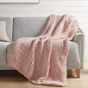 Madison Park Boho Throw Blanket, Soft Blanket Handmade Gift Home Decor, Lightweight & Breathable All Seasons Spring Chunky Knit Blanket, Knitted Throw for Couch, Bed Blanket, 50"x60" Blush