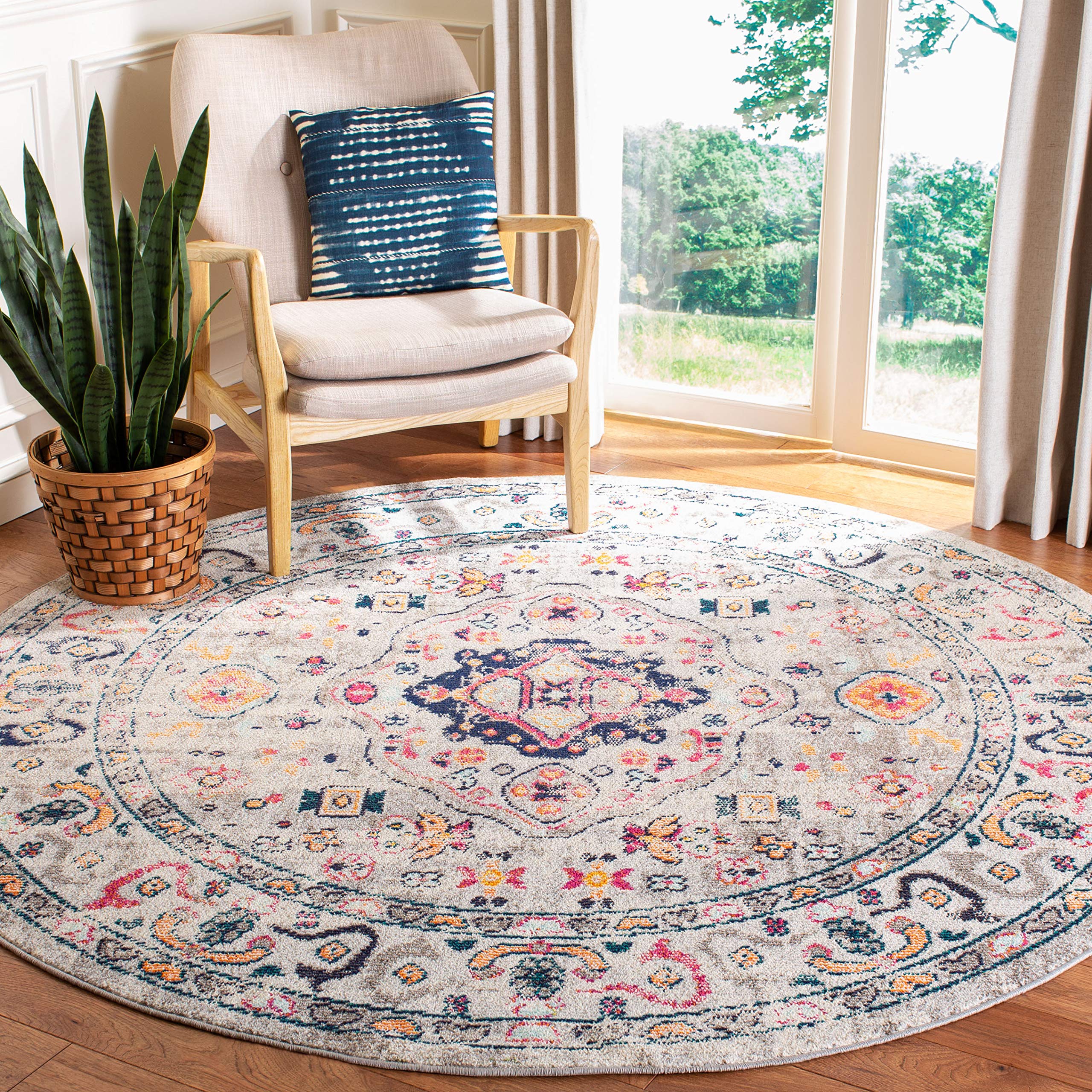 SAFAVIEH Madison Collection Area Rug - 6'7" Round, Grey & Blue, Boho Chic Medallion Distressed Design, Non-Shedding & Easy Care, Ideal for High Traffic Areas in Living Room, Bedroom (MAD468F)