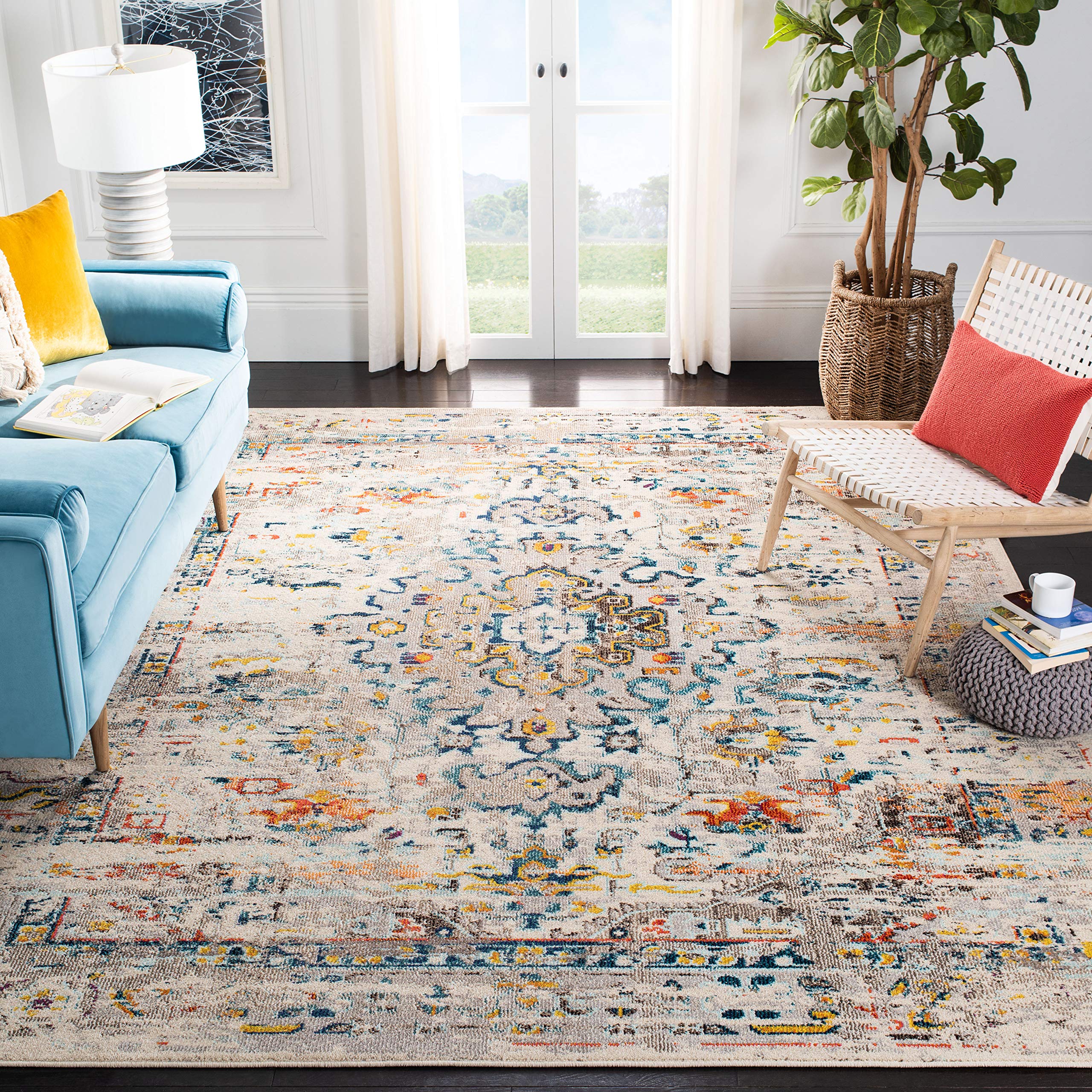 SAFAVIEH Madison Collection Area Rug - 8' x 10', Cream & Blue, Boho Distressed Medallion Design, Non-Shedding & Easy Care, Ideal for High Traffic Areas in Living Room, Bedroom (MAD474B)