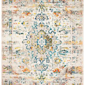 SAFAVIEH Madison Collection Area Rug - 8' x 10', Cream & Blue, Boho Distressed Medallion Design, Non-Shedding & Easy Care, Ideal for High Traffic Areas in Living Room, Bedroom (MAD474B)