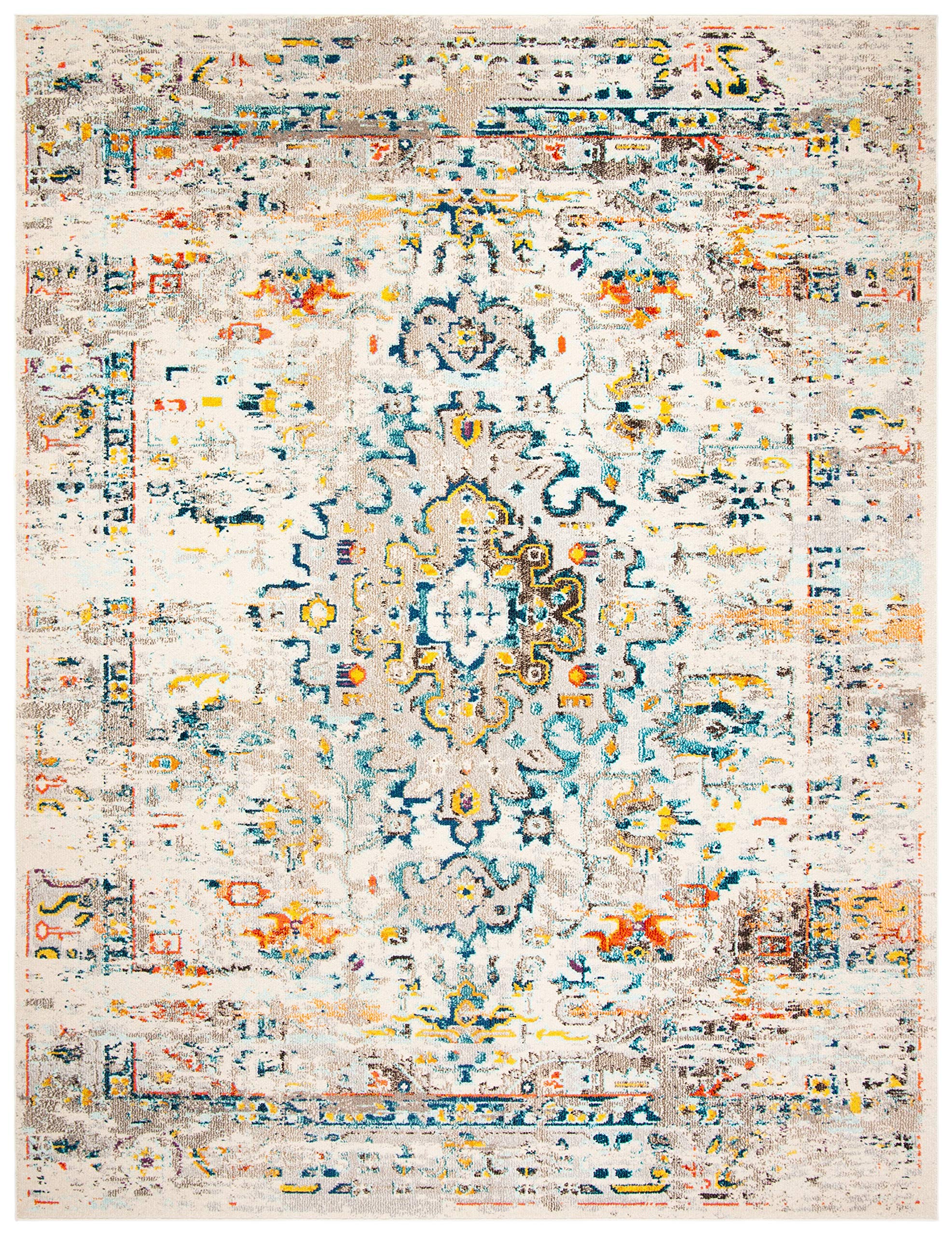 SAFAVIEH Madison Collection Area Rug - 8' x 10', Cream & Blue, Boho Distressed Medallion Design, Non-Shedding & Easy Care, Ideal for High Traffic Areas in Living Room, Bedroom (MAD474B)