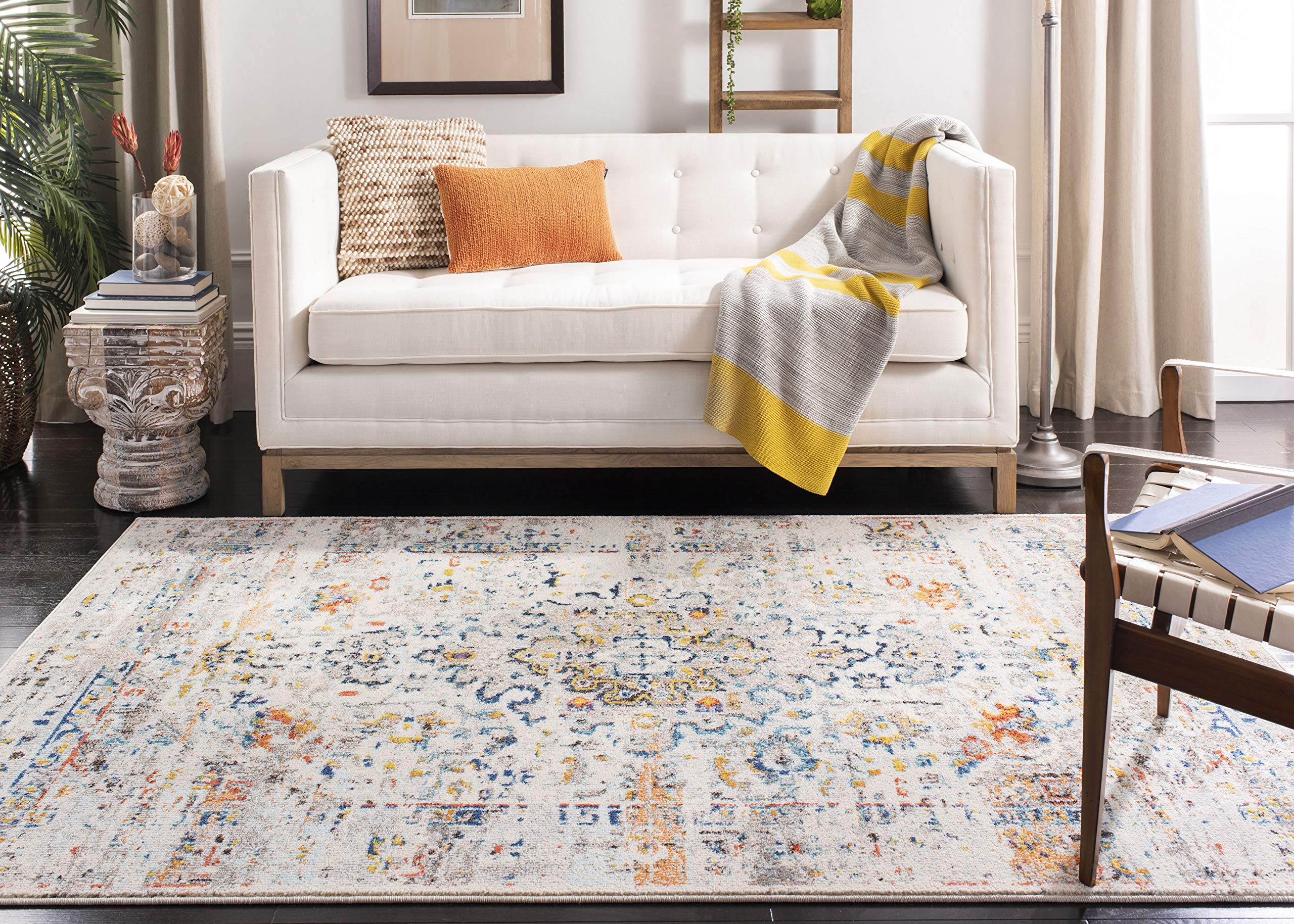 SAFAVIEH Madison Collection Area Rug - 8' x 10', Cream & Blue, Boho Distressed Medallion Design, Non-Shedding & Easy Care, Ideal for High Traffic Areas in Living Room, Bedroom (MAD474B)