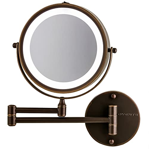 OVENTE 7" Lighted Wall Mount Makeup Mirror - 1X/ 10X Magnification, Battery Powered Glow Cosmetic Light up, Spinning 360-Degree, Double Sided LED, Extendable, Folding Arm, Antique Bronze MFW70ABZ1X10X