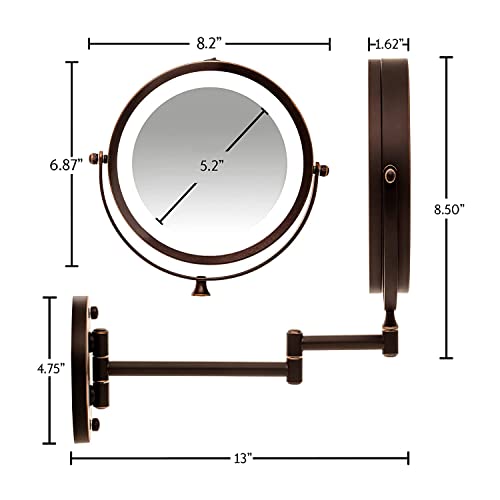 OVENTE 7" Lighted Wall Mount Makeup Mirror - 1X/ 10X Magnification, Battery Powered Glow Cosmetic Light up, Spinning 360-Degree, Double Sided LED, Extendable, Folding Arm, Antique Bronze MFW70ABZ1X10X