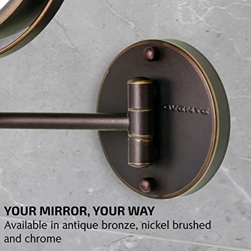 OVENTE 7" Lighted Wall Mount Makeup Mirror - 1X/ 10X Magnification, Battery Powered Glow Cosmetic Light up, Spinning 360-Degree, Double Sided LED, Extendable, Folding Arm, Antique Bronze MFW70ABZ1X10X