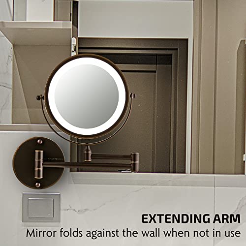 OVENTE 7" Lighted Wall Mount Makeup Mirror - 1X/ 10X Magnification, Battery Powered Glow Cosmetic Light up, Spinning 360-Degree, Double Sided LED, Extendable, Folding Arm, Antique Bronze MFW70ABZ1X10X