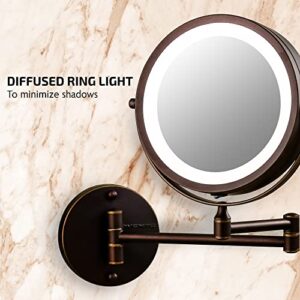 OVENTE 7" Lighted Wall Mount Makeup Mirror - 1X/ 10X Magnification, Battery Powered Glow Cosmetic Light up, Spinning 360-Degree, Double Sided LED, Extendable, Folding Arm, Antique Bronze MFW70ABZ1X10X