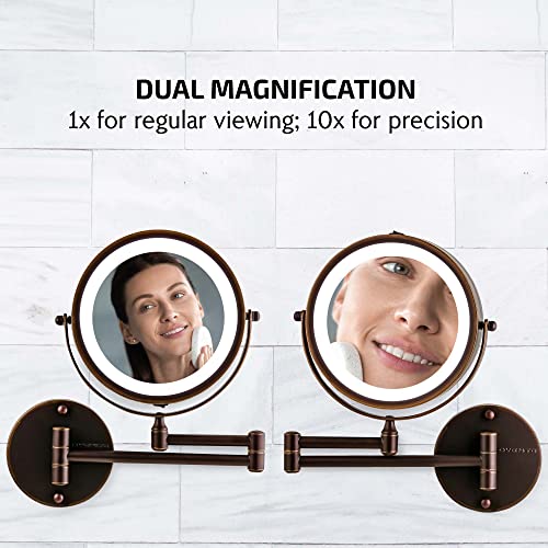 OVENTE 7" Lighted Wall Mount Makeup Mirror - 1X/ 10X Magnification, Battery Powered Glow Cosmetic Light up, Spinning 360-Degree, Double Sided LED, Extendable, Folding Arm, Antique Bronze MFW70ABZ1X10X