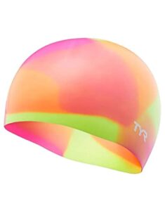 tyr junior tie dye swim cap, yellow/pink/orange