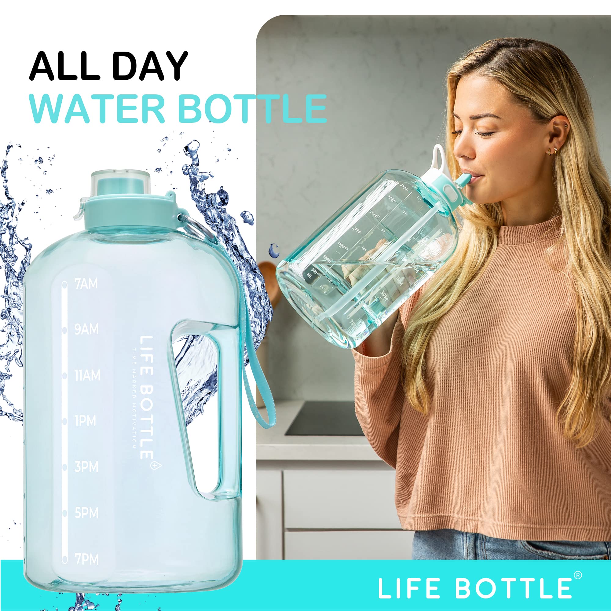 Life Bottle 1 Gallon Water Bottle with Straw Lid and Chug Lid, Big Leakproof Water Jug with Time Marker, No Quotes. 128 oz Water Bottle with Handle and Straw, BPA Free