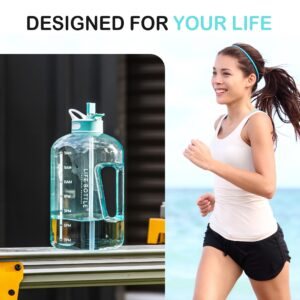 Life Bottle 1 Gallon Water Bottle with Straw Lid and Chug Lid, Big Leakproof Water Jug with Time Marker, No Quotes. 128 oz Water Bottle with Handle and Straw, BPA Free