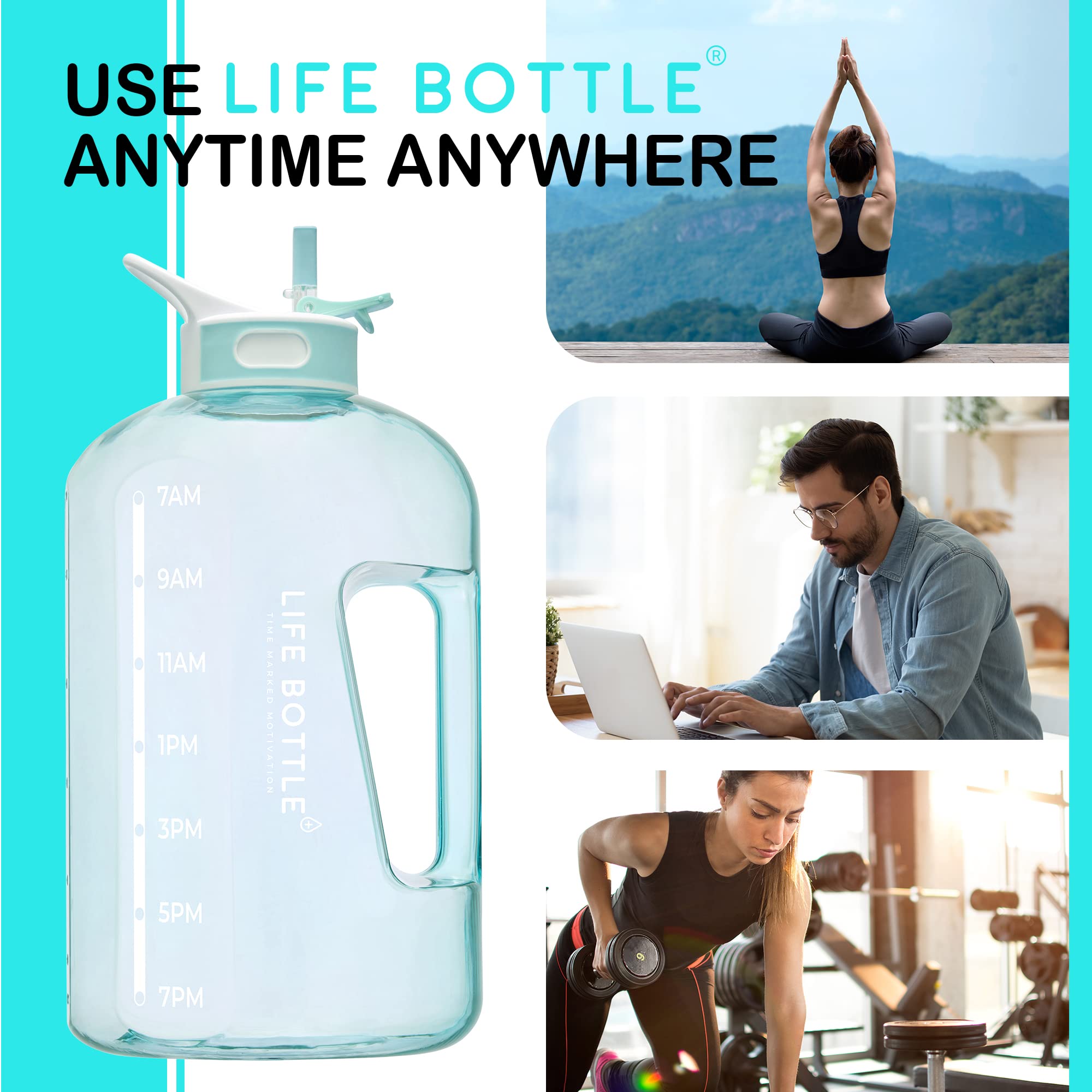 Life Bottle 1 Gallon Water Bottle with Straw Lid and Chug Lid, Big Leakproof Water Jug with Time Marker, No Quotes. 128 oz Water Bottle with Handle and Straw, BPA Free