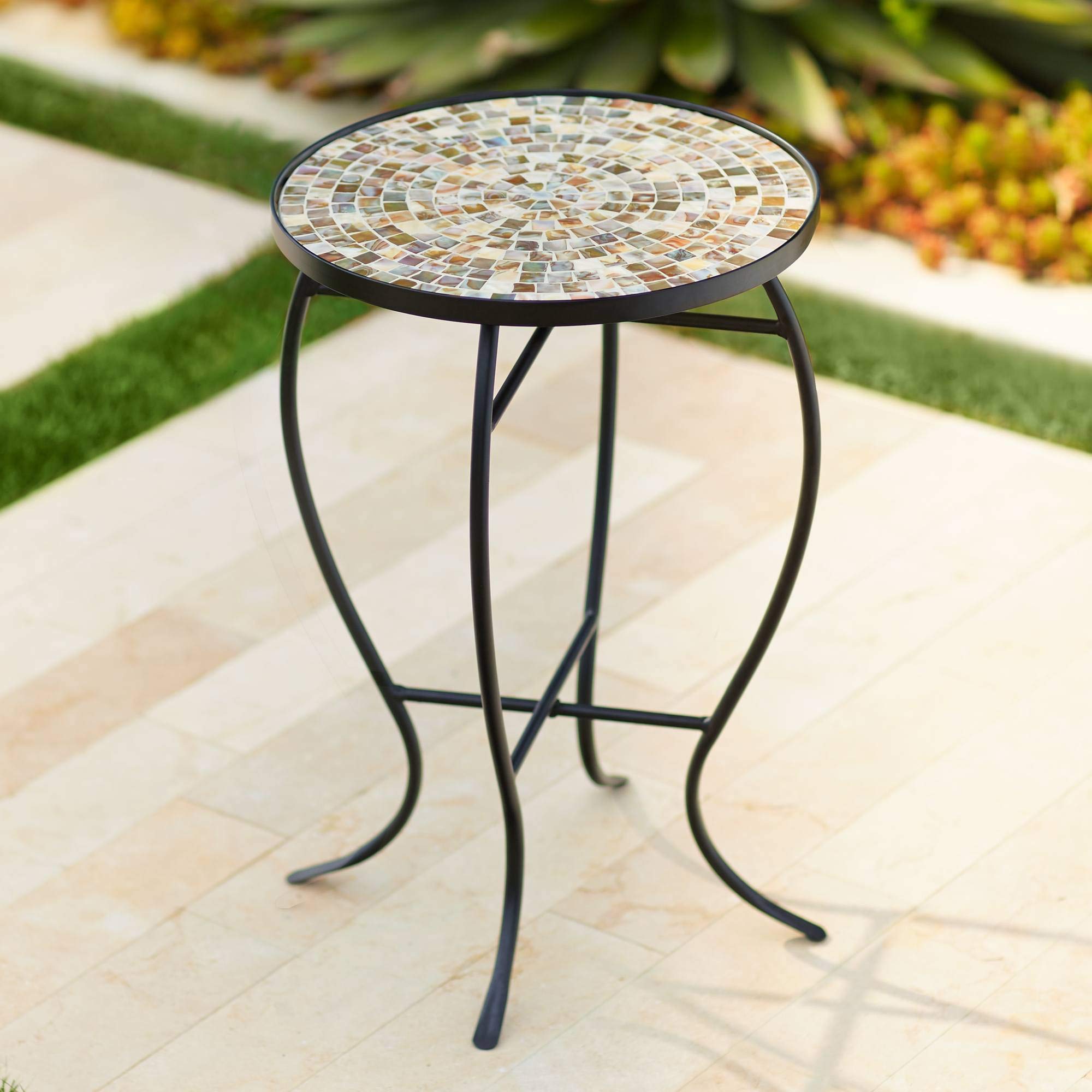 Teal Island Designs Mother of Pearl Modern Black Metal Round Outdoor Accent Side Table 14" Wide Natural Mosaic Tile Tabletop Gracefully Curved Legs for Spaces Porch Patio Home House Balcony Deck