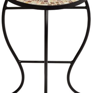 Teal Island Designs Mother of Pearl Modern Black Metal Round Outdoor Accent Side Table 14" Wide Natural Mosaic Tile Tabletop Gracefully Curved Legs for Spaces Porch Patio Home House Balcony Deck