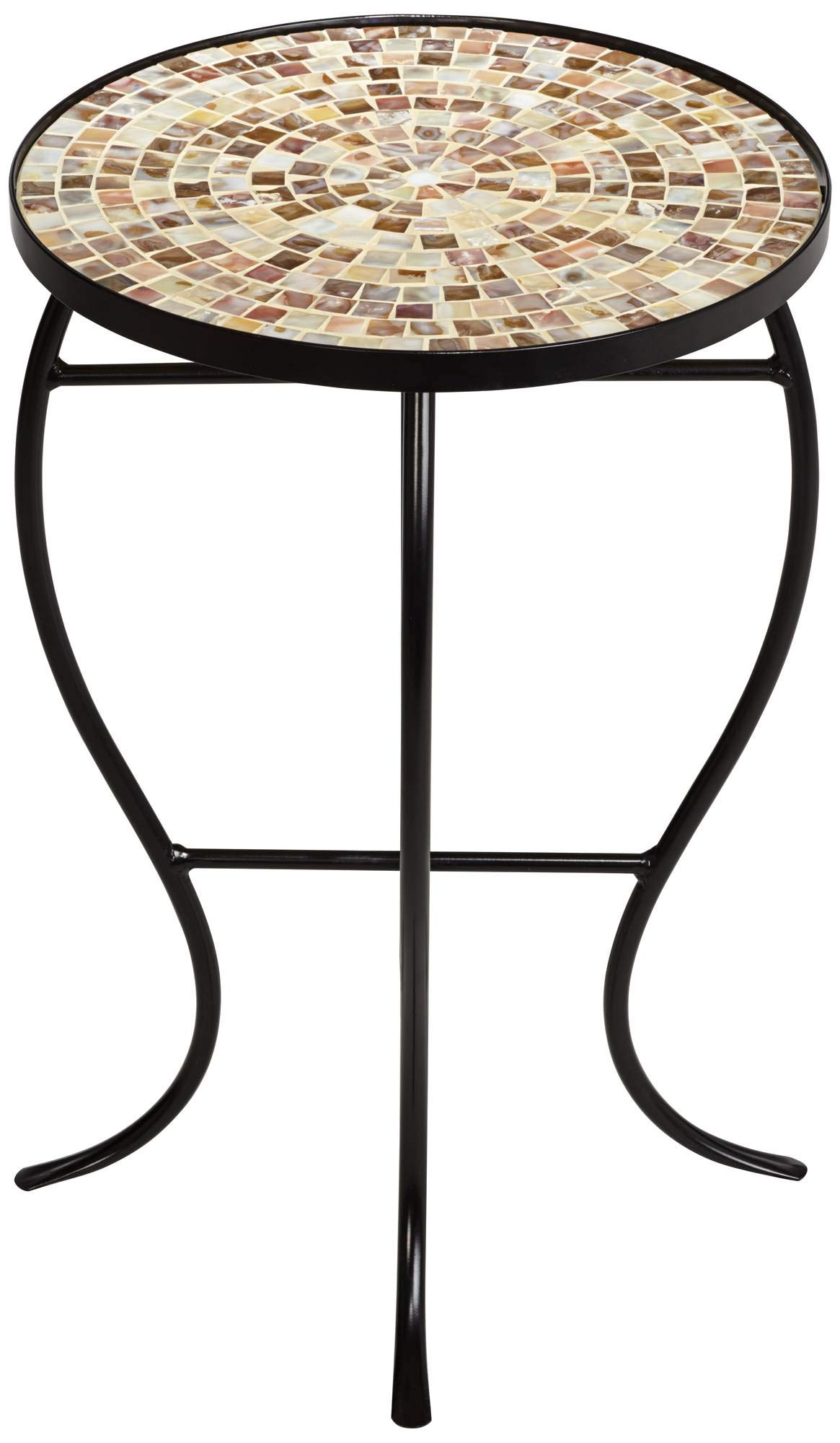 Teal Island Designs Mother of Pearl Modern Black Metal Round Outdoor Accent Side Table 14" Wide Natural Mosaic Tile Tabletop Gracefully Curved Legs for Spaces Porch Patio Home House Balcony Deck