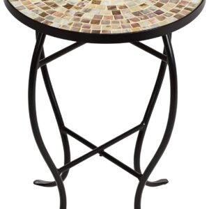 Teal Island Designs Mother of Pearl Modern Black Metal Round Outdoor Accent Side Table 14" Wide Natural Mosaic Tile Tabletop Gracefully Curved Legs for Spaces Porch Patio Home House Balcony Deck