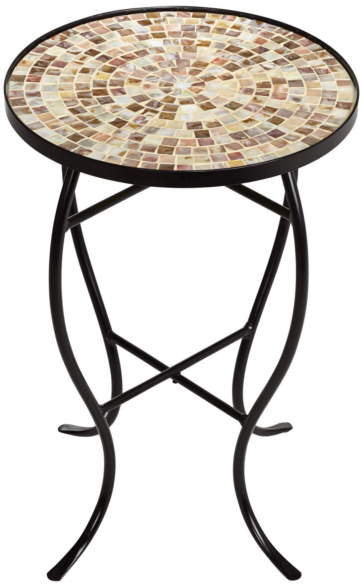 Teal Island Designs Mother of Pearl Modern Black Metal Round Outdoor Accent Side Table 14" Wide Natural Mosaic Tile Tabletop Gracefully Curved Legs for Spaces Porch Patio Home House Balcony Deck