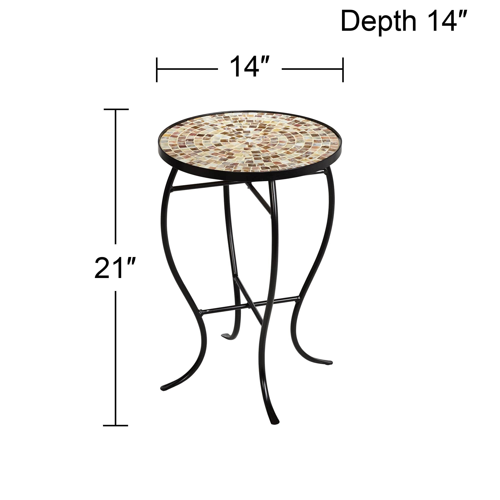 Teal Island Designs Mother of Pearl Modern Black Metal Round Outdoor Accent Side Table 14" Wide Natural Mosaic Tile Tabletop Gracefully Curved Legs for Spaces Porch Patio Home House Balcony Deck