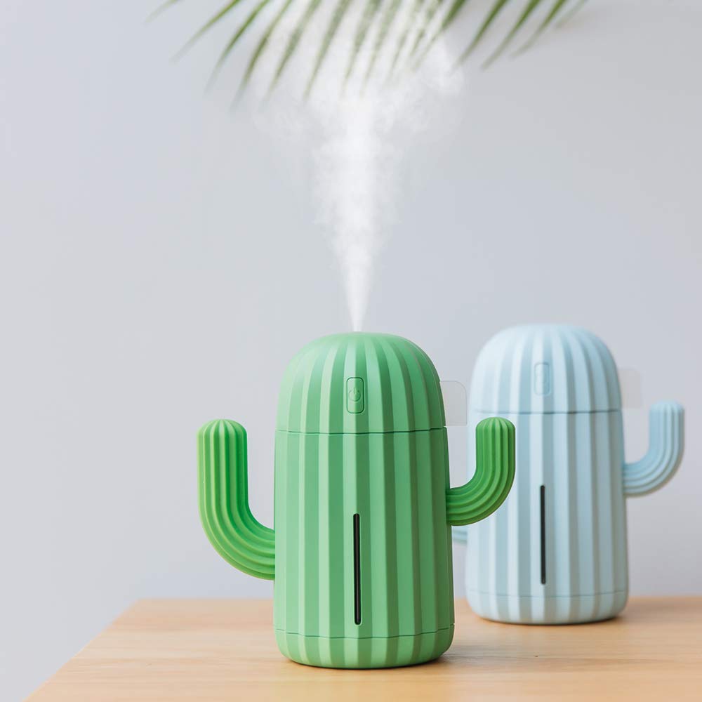 YINGJEE Mini Humidifier Single Room Humidifiers with Night Light Portable Cactus Air humidifier for for Yoga, Office, spa, Bedroom，Baby Room，Silica Gel Diffuser for tap Water only(Green)