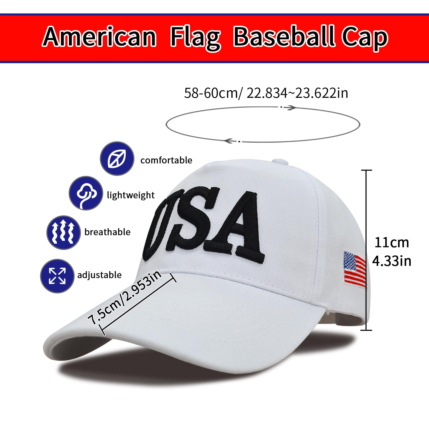 DISHIXIAO USA Baseball Cap Polo Style Adjustable Embroidered Dad Hat American Flag for Men and Women White