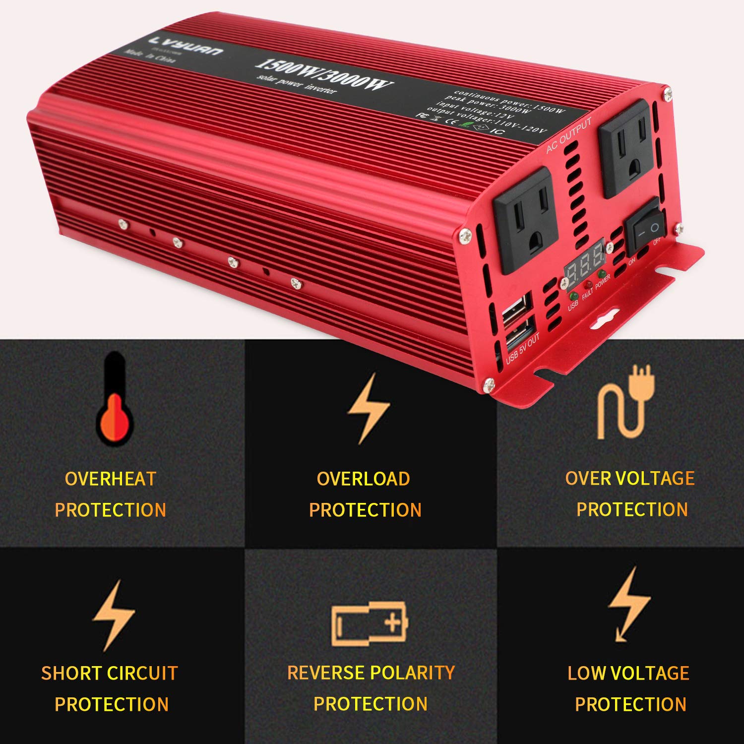 Yinleader 1500 Watts Car Power Inverter 12V to 110V,DC to AC Converter Dual AC Outlets and Dual 3.1A USB Ports for RV Caravan Truck Laptop Camping