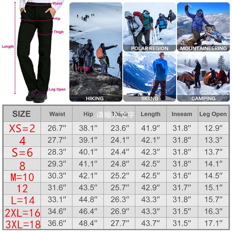 Women's Hiking Waterproof Pants Outdoor Windproof Fleece lined Soft Shell Insulated Winter Pants Fishing Safari Travel, Black 6