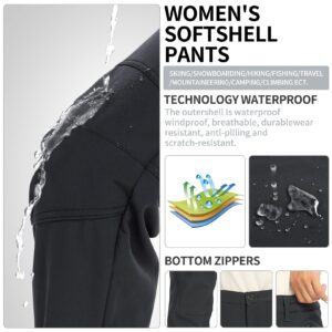 Women's Hiking Waterproof Pants Outdoor Windproof Fleece lined Soft Shell Insulated Winter Pants Fishing Safari Travel, Black 6