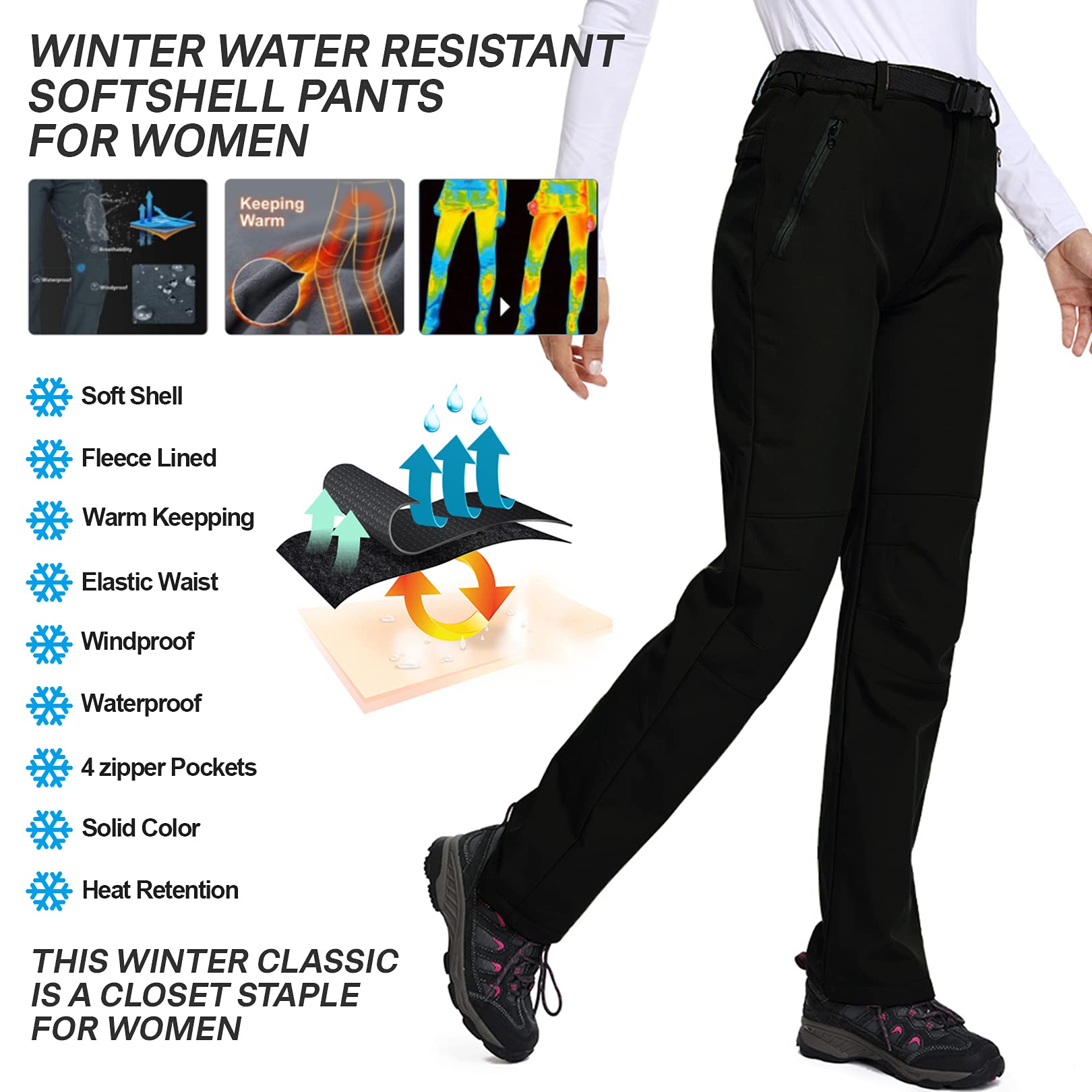 Women's Hiking Waterproof Pants Outdoor Windproof Fleece lined Soft Shell Insulated Winter Pants Fishing Safari Travel, Black 6