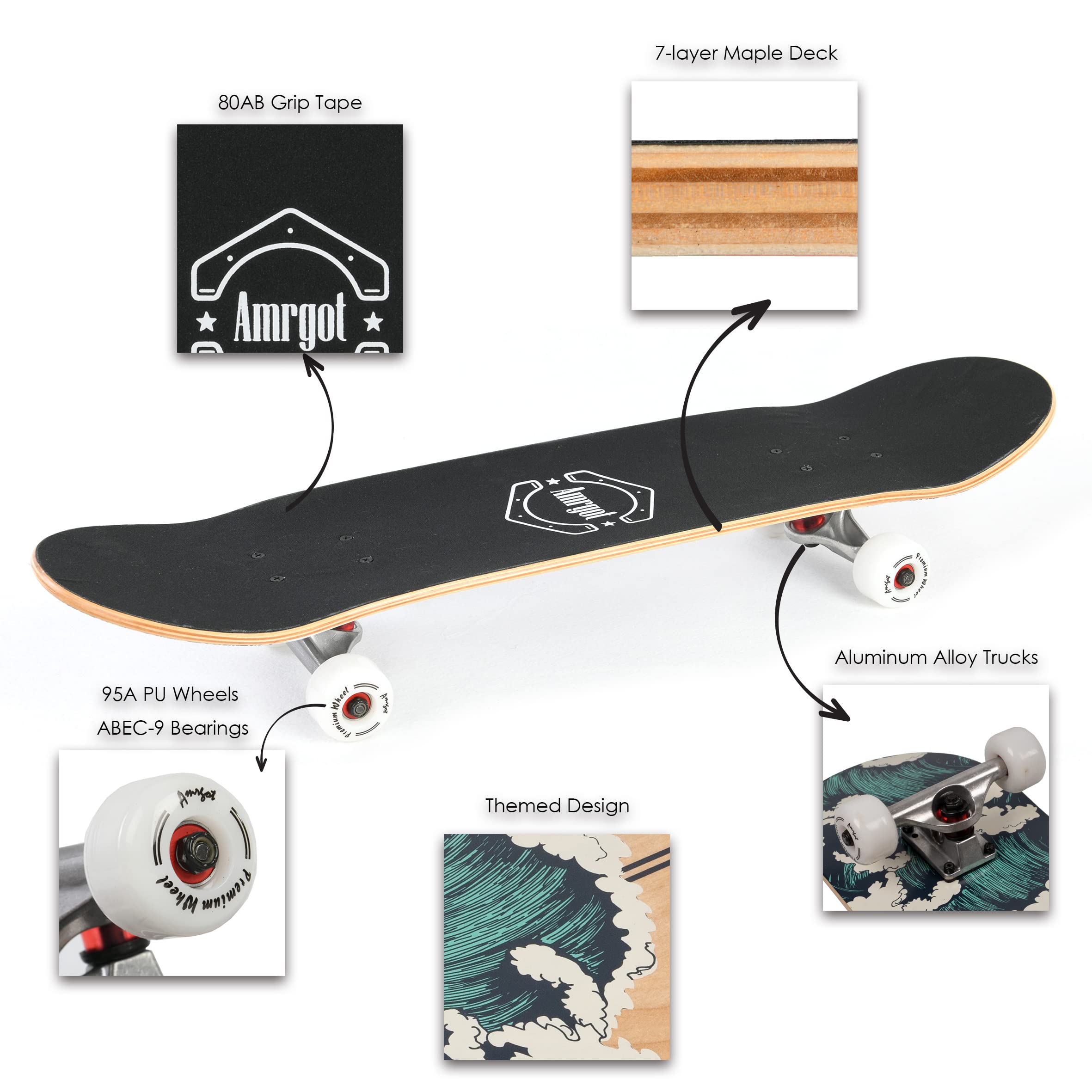 Amrgot Skateboards for Beginners,31 * 8 inches Complete Skateboards for Kids,Boys,Girls and Adults,7 Layer Maple Wood,Double Kick Deck Concave Standard and Tricks Skateboard