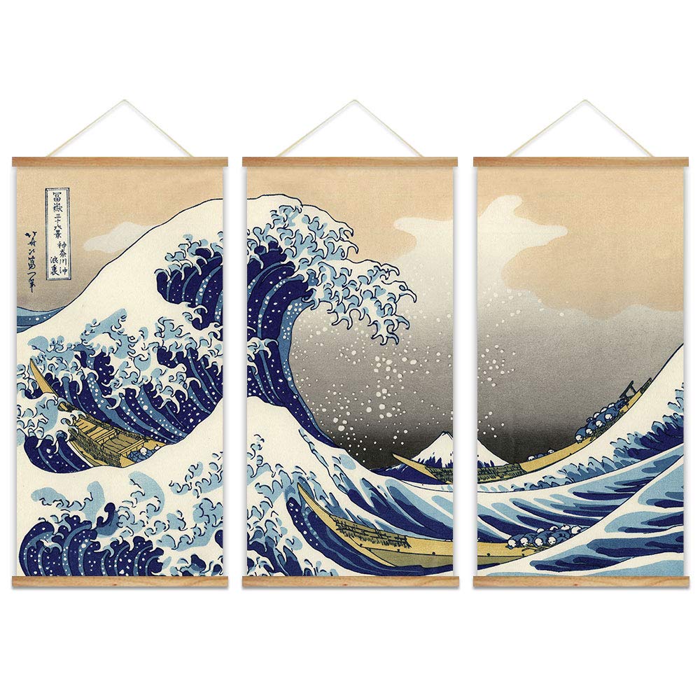 wall26 - 3 Panel Hanging Poster with Wood Frames - Japanese Traditional Art The Great Wave Off Kanagawa by Hokusai - Ready to Hang Decorative Wall Art - 18"x36" x 3 Panels