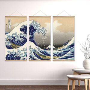 wall26 - 3 Panel Hanging Poster with Wood Frames - Japanese Traditional Art The Great Wave Off Kanagawa by Hokusai - Ready to Hang Decorative Wall Art - 18"x36" x 3 Panels