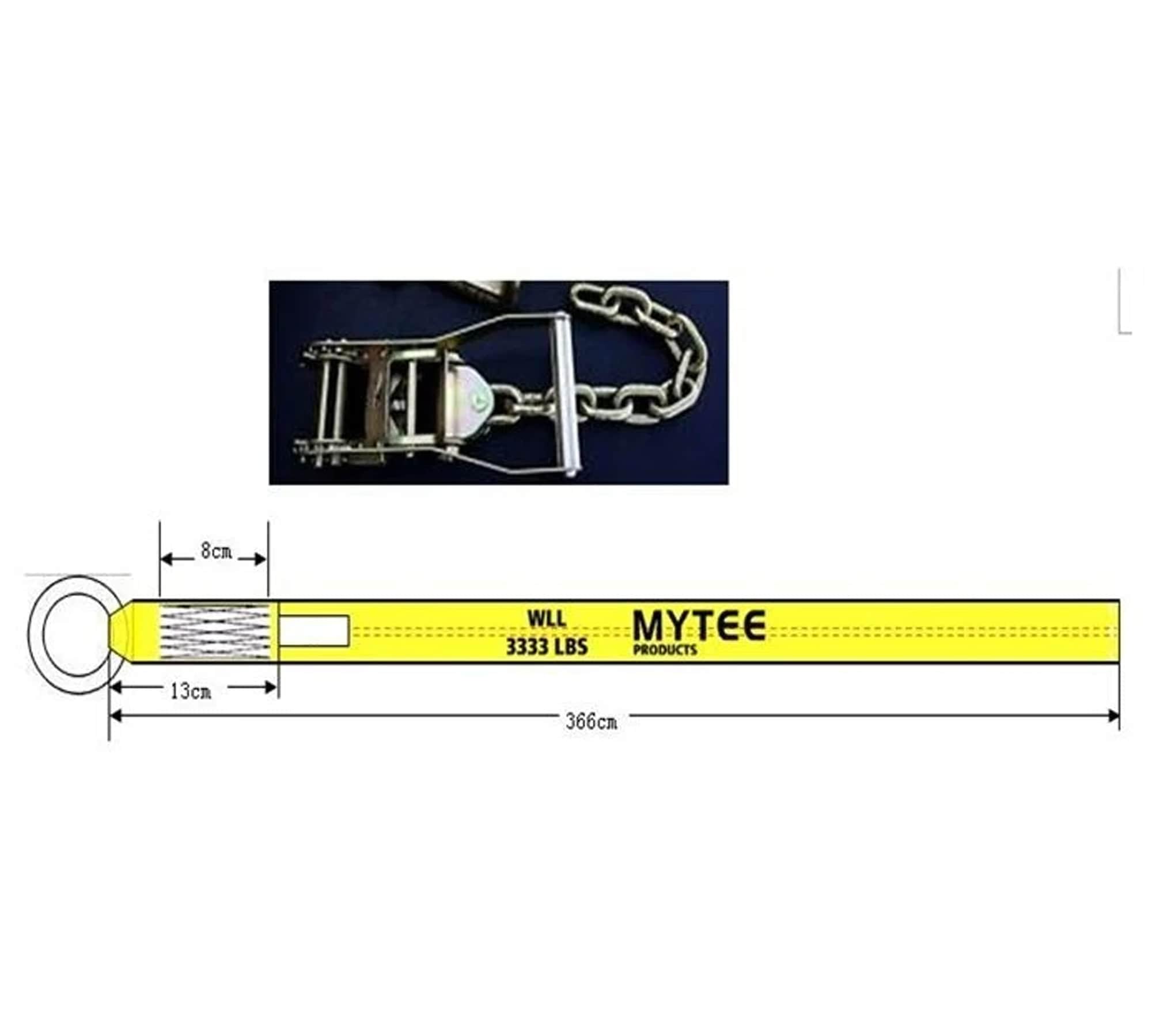 Mytee Products 4 Pack 2" x12' Car Tie Down Straps for Trailer with Chain Extension - 3333 Lbs WLL Lasso Style Tire Straps for Car Trailer with Ratchets - Vehicle Tie Down Wheel Strap for Hauling Cars