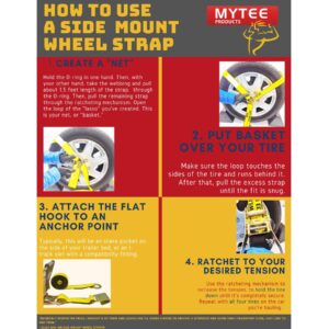 Mytee Products 4 Pack 2" x12' Car Tie Down Straps for Trailer with Chain Extension - 3333 Lbs WLL Lasso Style Tire Straps for Car Trailer with Ratchets - Vehicle Tie Down Wheel Strap for Hauling Cars
