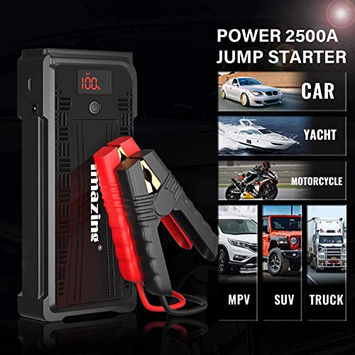 Imazing Portable Car Jump Starter - 2500A Peak 20000mAH (Up to 8L Gas or 8L Diesel Engine) 12V Auto Battery Booster Portable Power Pack with Jumper Cables, QC 3.0 and LED Light