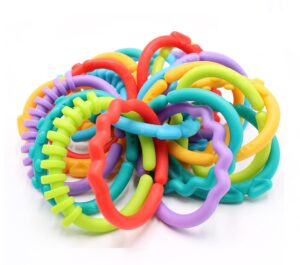 24 pack baby teether rings links toys colorful round connecting ring for rattle strollers car seat travel toys - suit for baby, infant, newborn, kids(rainbow colors)