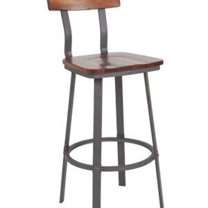 Flash Furniture Flint Series Rustic Walnut Restaurant Barstool with Wood Seat & Back and Gray Powder Coat Frame