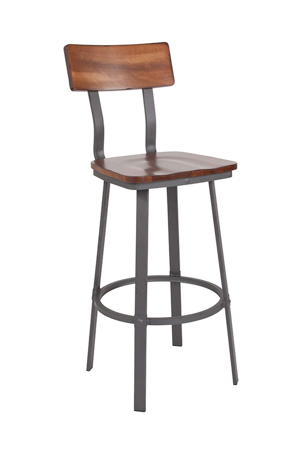 Flash Furniture Flint Series Rustic Walnut Restaurant Barstool with Wood Seat & Back and Gray Powder Coat Frame