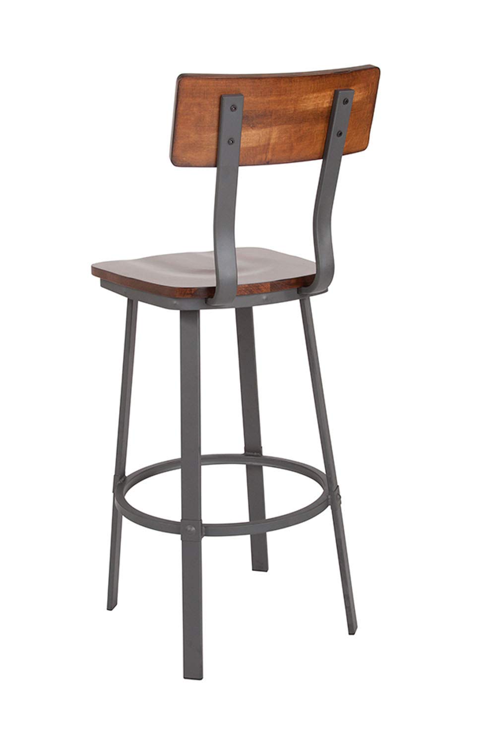 Flash Furniture Flint Series Rustic Walnut Restaurant Barstool with Wood Seat & Back and Gray Powder Coat Frame