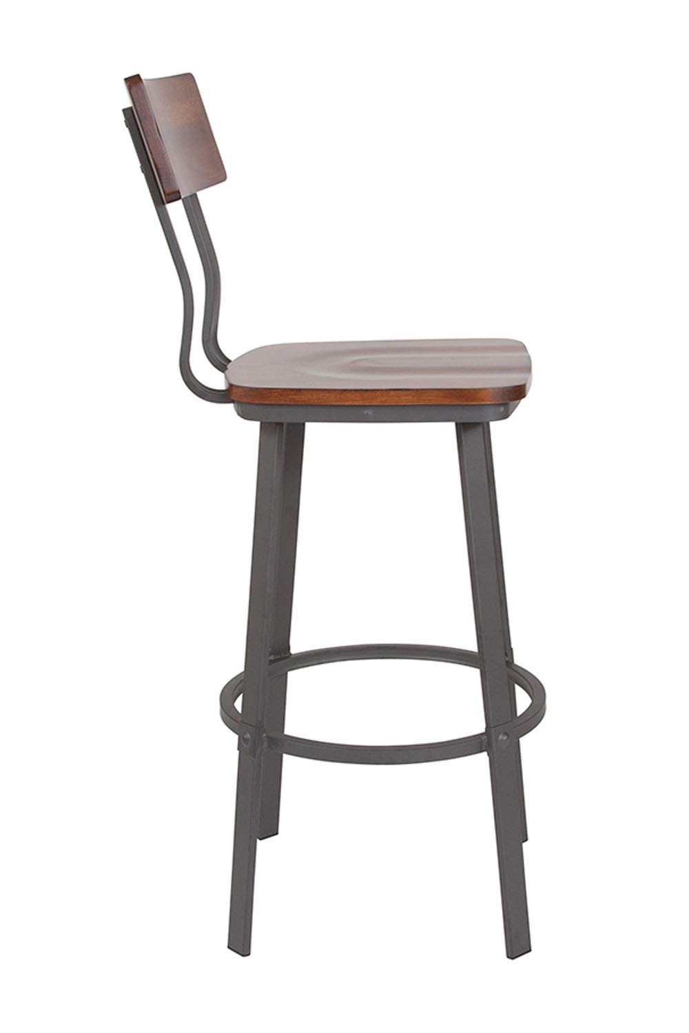 Flash Furniture Flint Series Rustic Walnut Restaurant Barstool with Wood Seat & Back and Gray Powder Coat Frame