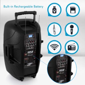 Pyle Karaoke Portable PA Speaker System - 1600W Active Powered Bluetooth Compatible Speaker, Rechargeable Battery, Easy Carry Wheels, USB MP3 RCA, FM Radio, 2 UHF Microphone, Remote - Pyle PPHP1599WU